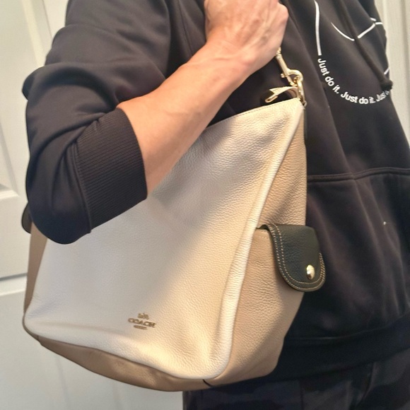 Coach White/Tan Leather Hobo Bag, zippered with small buckles on the side - Picture 12 of 16